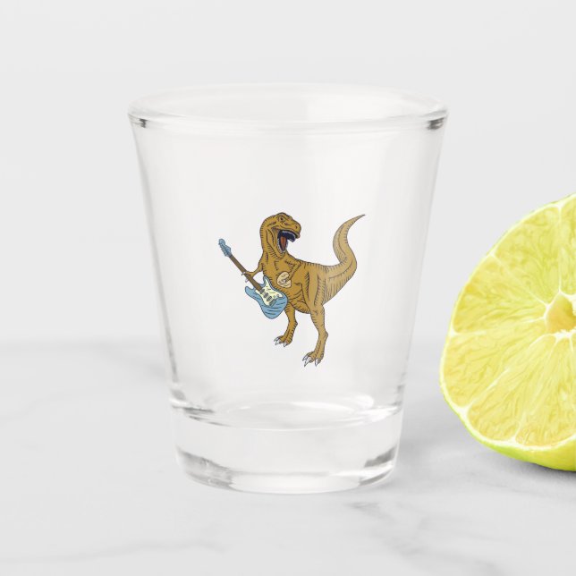 T-Rex playing guitar Shot Glass (Front)