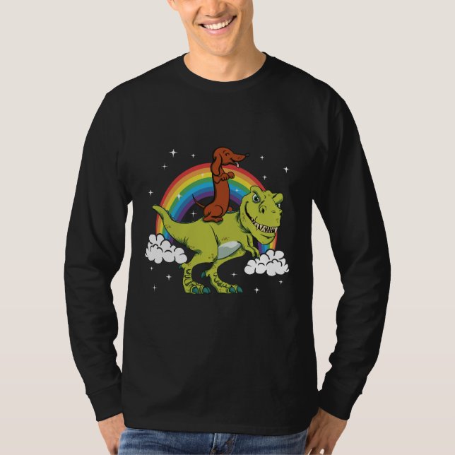 T Rex Riding Dachshund Dog  Amp Present T-Shirt (Front)