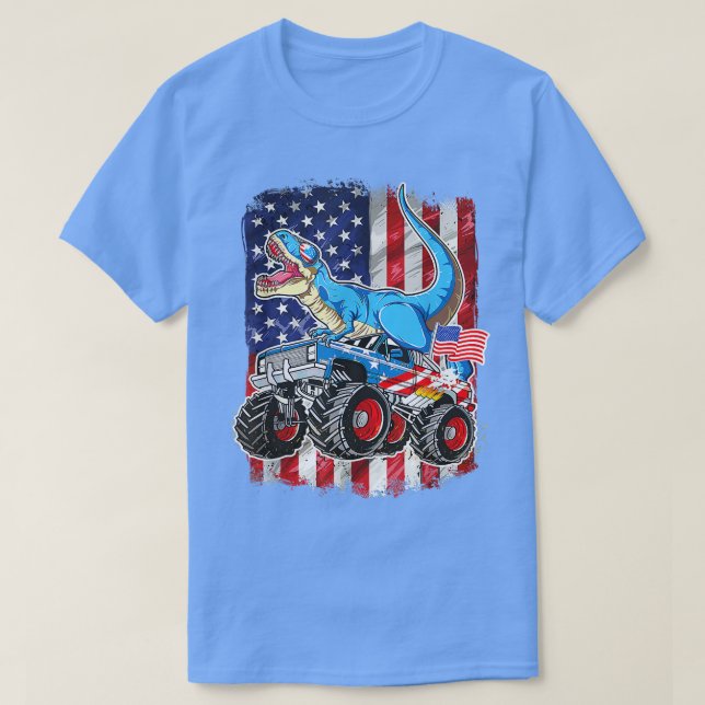 T Rex Riding Monster Truck 4th Of July American Fl T-Shirt (Design Front)