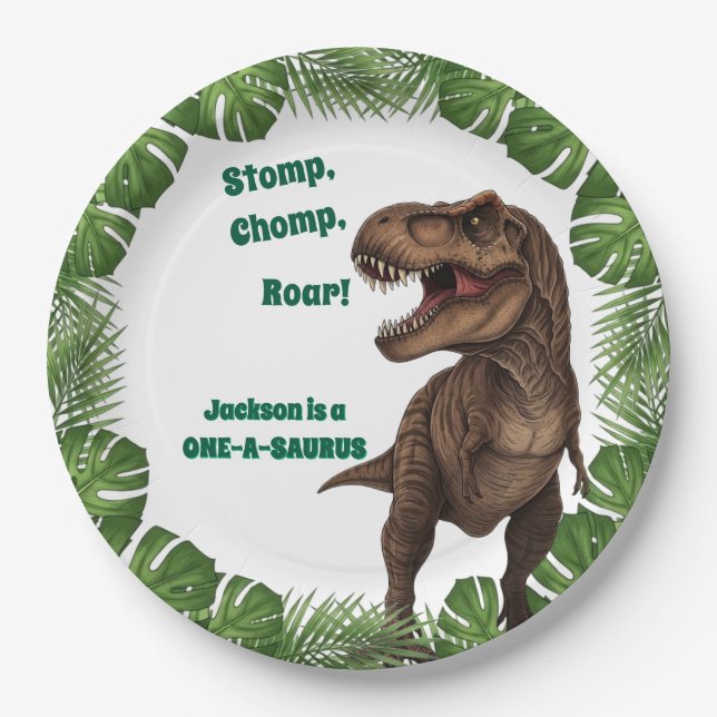 T-Rex Roar Dinosaur Birthday Paper Plates (Front)