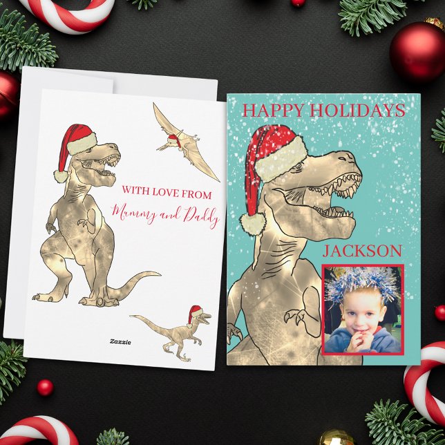 T Rex Santa Dinosaur Photo Personalised Kids Holiday Card (Christmas dinosaur custom photo holiday greetings card)