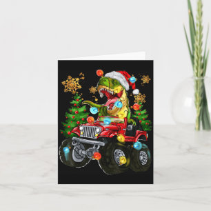 T-rex Santa In Monster Truck With Christmas Trees Card
