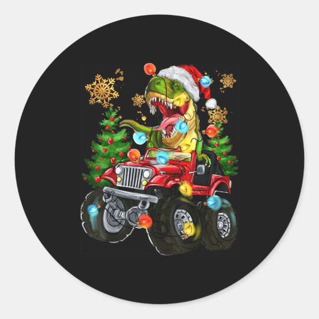 T-rex Santa In Monster Truck With Christmas Trees  Classic Round Sticker (Front)