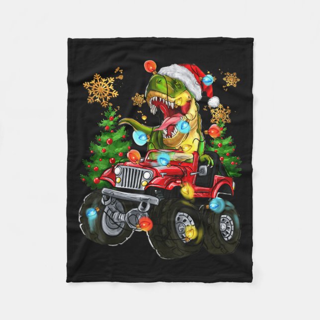 T-rex Santa In Monster Truck With Christmas Trees  Fleece Blanket (Front)