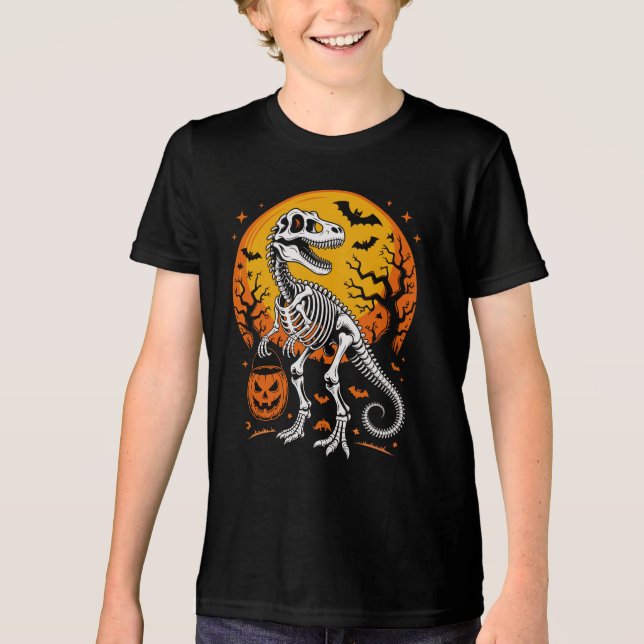 T-Rex Skeleton Halloween Pumpkin Pail And Bats Tri-Blend Shirt (Front)