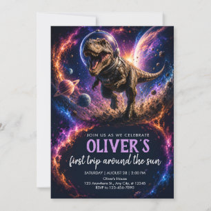 T Rex Space Adventure 1st Birthday Invitation