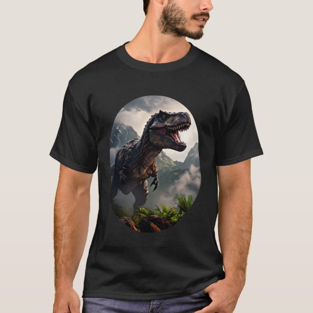 T-Rex standing before a rugged mountain range T-Shirt (Front)