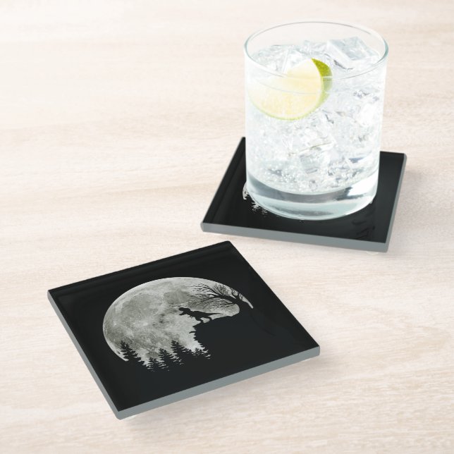  T Rex Standing On Mountain Moonlight Halloween Glass Coaster (Angled)