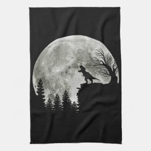 T Rex Standing On Mountain Moonlight Halloween Tea Towel