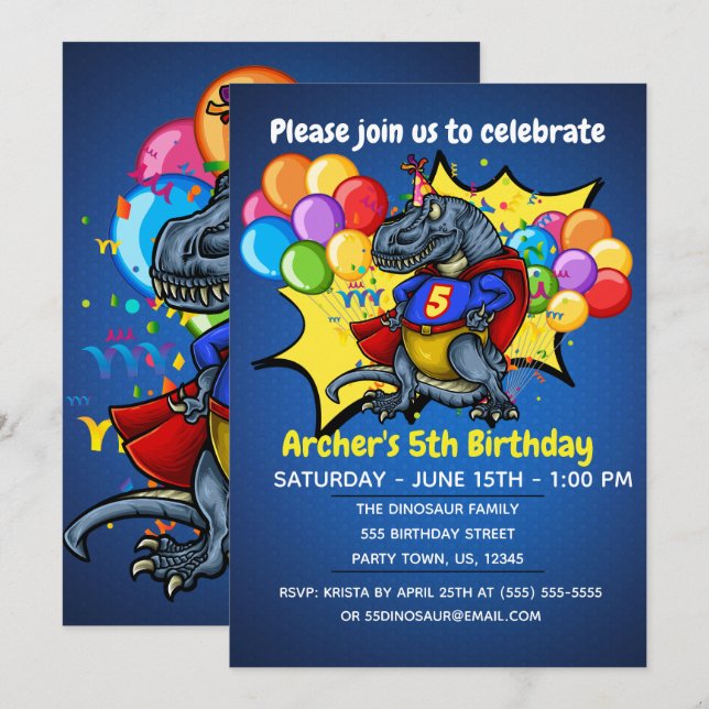 T-Rex Superhero 5th Birthday Invitation (Front/Back)