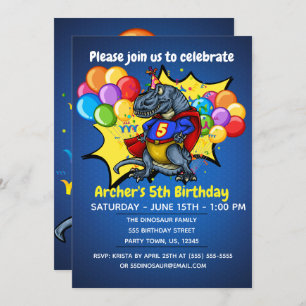T-Rex Superhero 5th Birthday Invitation