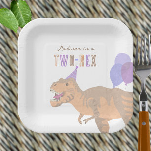 T-Rex Tan Cute Two-Rex Dinosaur Birthday Party Paper Plate