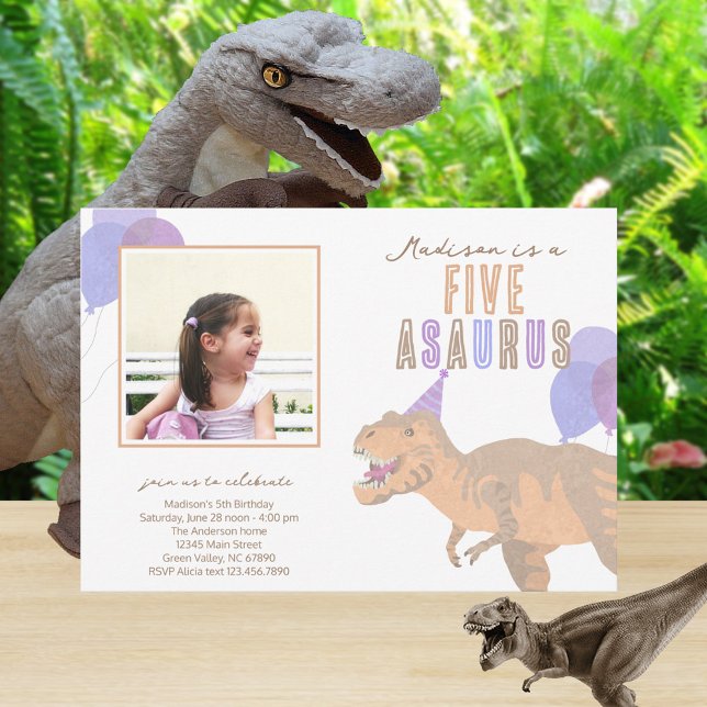 T-Rex Tan Photo Any Age Dinosaur Birthday Party Invitation (Change FIVE to any age for the perfect dinosaur birthday party invitations for your little one)