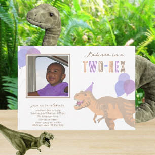 T-Rex Tan Photo Two-Rex Cute 2nd Birthday Party Invitation