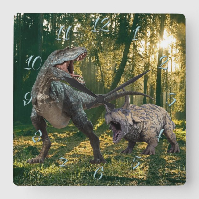 T.Rex-Triceratops Square Wall Clock (Front)