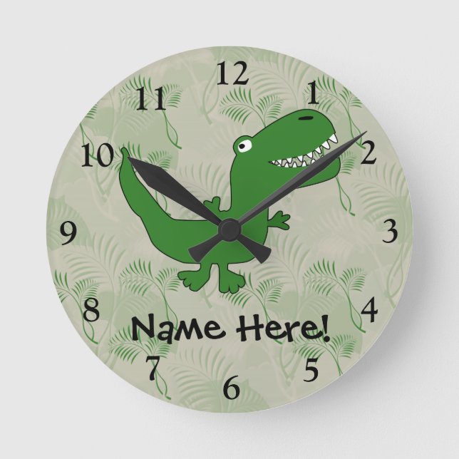 T-Rex Tyrannosaurus Rex Dinosaur Cartoon Kids Boys Round Clock (Front)