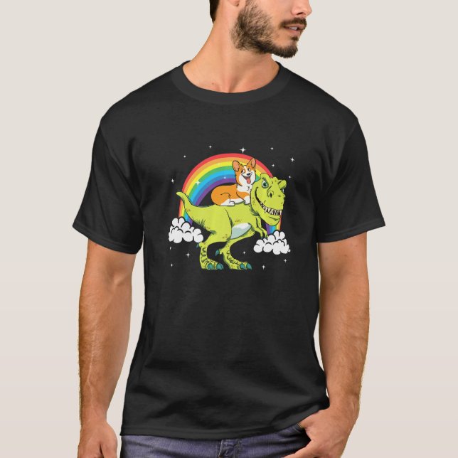 T Rex Tyrannosaurus T Rex Dinosaur Riding Corgi Do T-Shirt (Front)