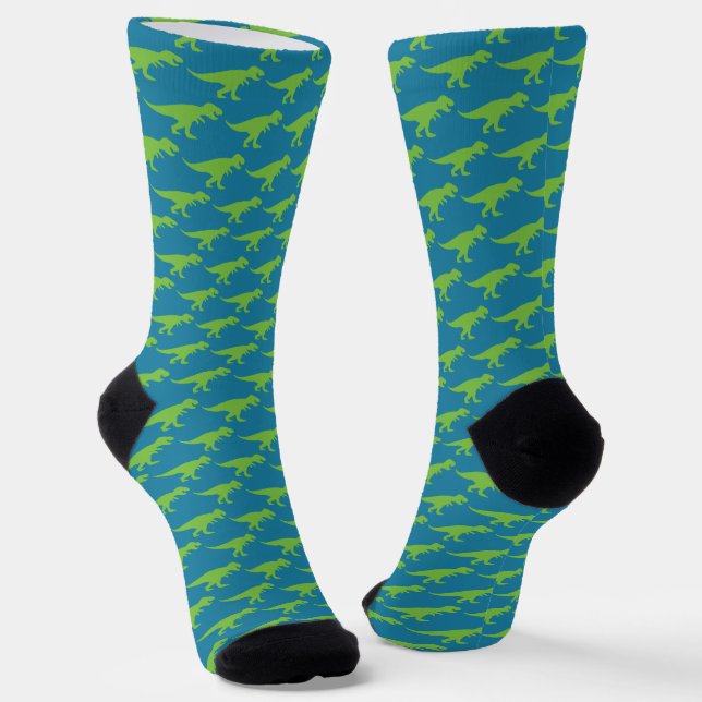 T-Rex Tyranosaurus King Dinosaur Funny Green Socks (Angled)