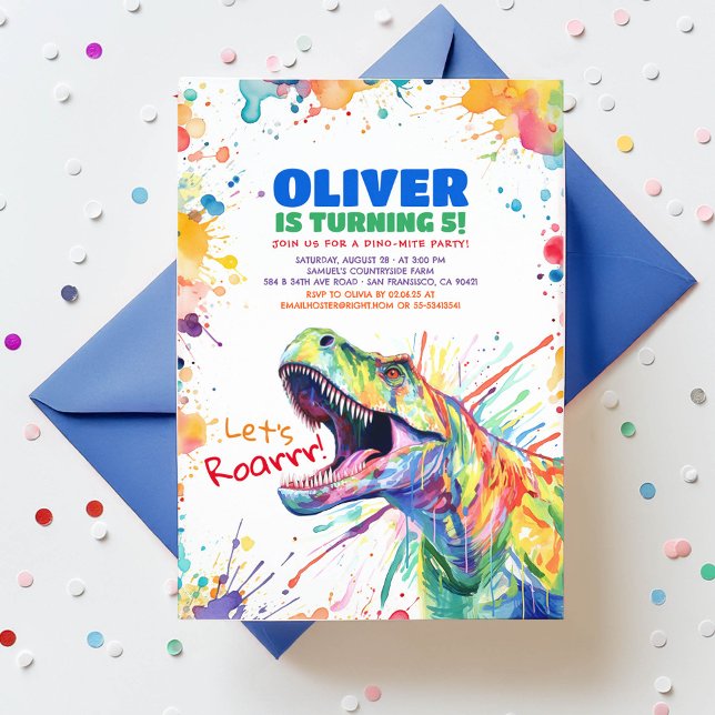 T-Rex Tyronasaurus Dinosaur Colourful Birthday Invitation (Let's Roar Dinosaur Birthday Invitation for Kids)