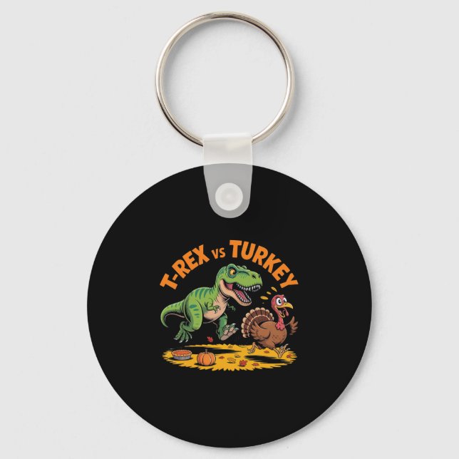 T-rex Vs Turkey Funny Thanksgiving Dinosaur Design Key Ring (Front)