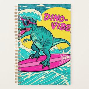 T-Rex wearing sunglasses and riding a neon pink Planner