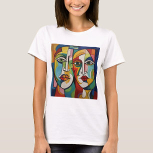 T-shirt abstract design, cubism, colorful faces
