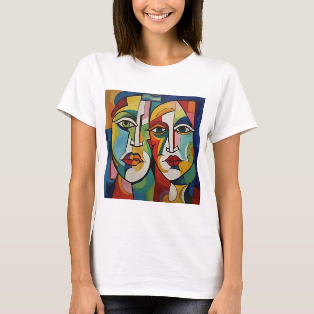 T-shirt abstract design, cubism, colourful faces (Front)