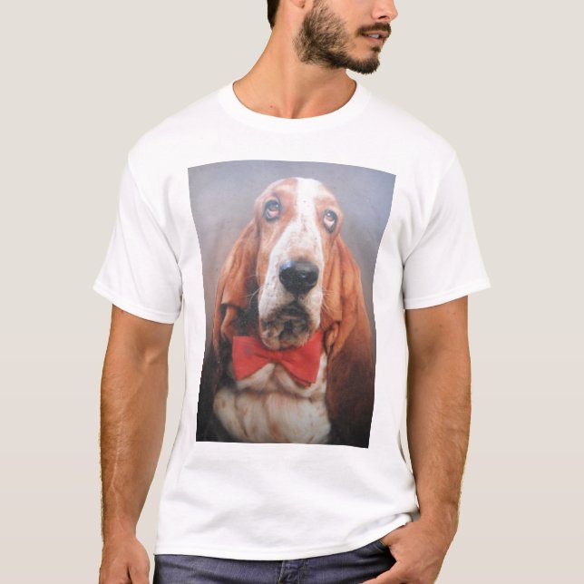 T-Shirt Basset Hound Red Bow Tie (Front)