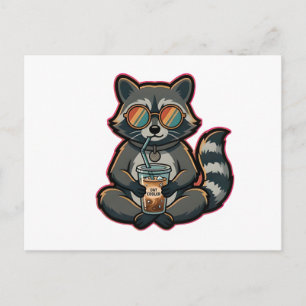 T-Shirt Cool Racoon Drinking Oat Milk Iced Coffee Holiday Postcard