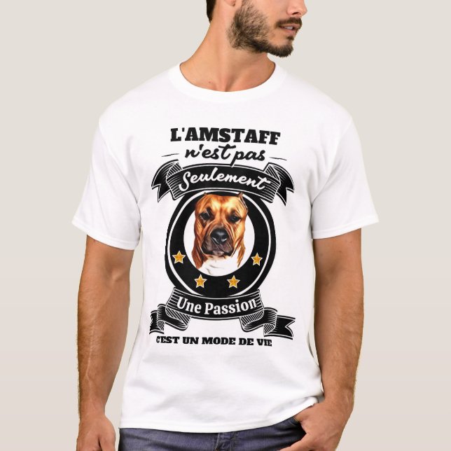 T-SHIRT DOG AMSTAFF WHITE MAN  (Front)