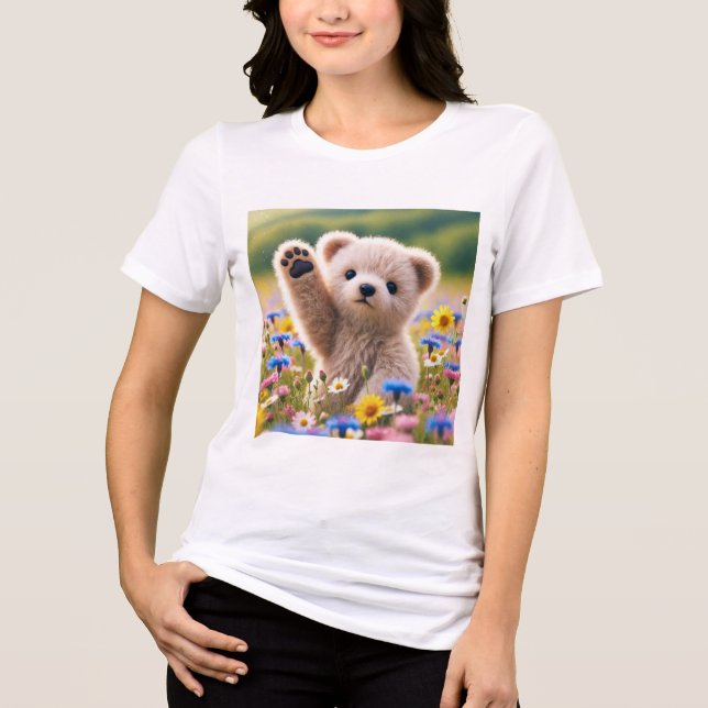 T-Shirt Fluffy Bear Cub Waving T-Shirt for Women Tri-Blend Shirt (Front)