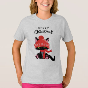 T-Shirt for Girls with a Cat and Christmas Greetin
