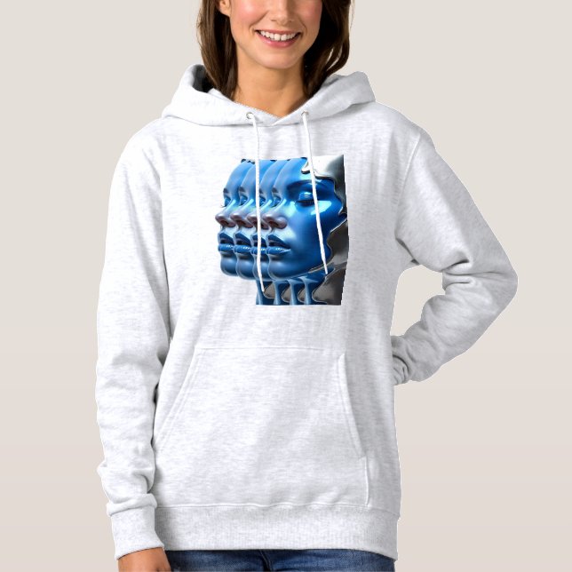 T-Shirt Metallic Blue Multi Face Illusion Art Hood Hoodie (Front)