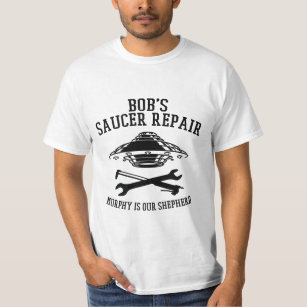 T-Shirt with black Bob's Saucer Repair logo