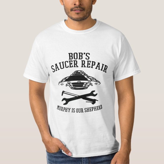 T-Shirt with black Bob's Saucer Repair logo (Front)