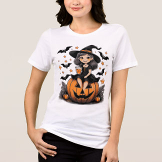 T-shirt with cute pumpkin witch motif Tri-Blend shirt
