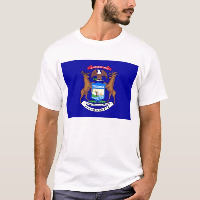 T Shirt with Flag of Michigan State USA (Front)