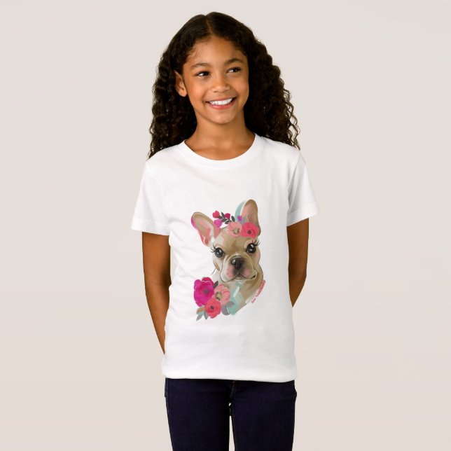 T shirt with French bulldog floral art design (Front Full)