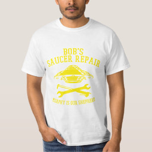 T-shirt with yellow Bob's Saucer Repair logo
