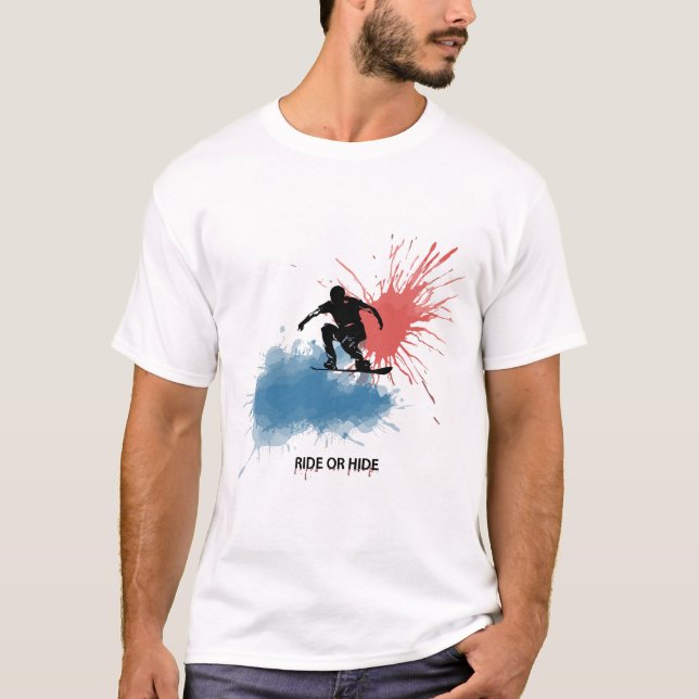 T-shirts featuring a man jumping on a snowboard. (Front)