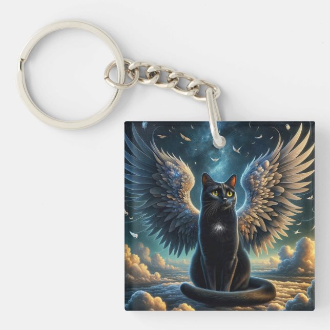 Tabby Angel Cat Sitting on a Cloud Keychain  (Front)
