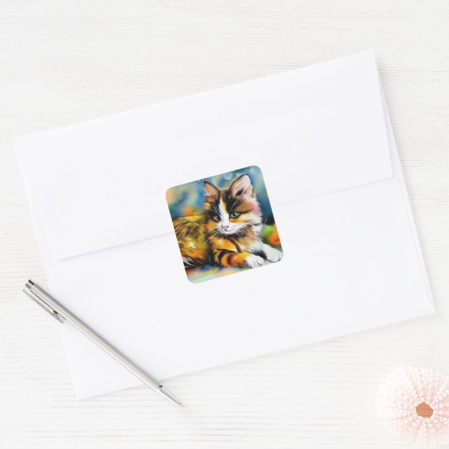 Tabby calico cat | Acrylic painting | Cat art - Square Sticker (Envelope)