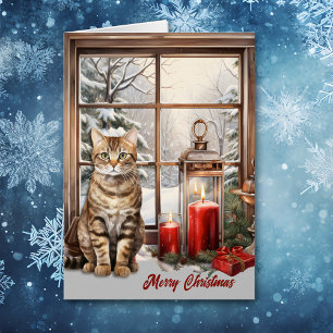 Tabby Cat and Candles in Winter Window Christmas