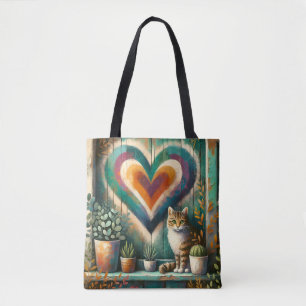 Tabby Cat and Heart Rustic Colorful Art Design Tote Bag