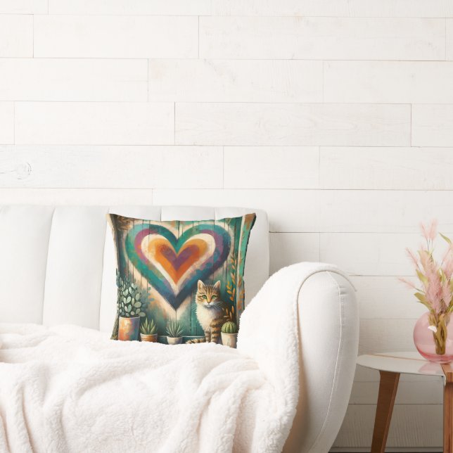 Tabby Cat and Heart Rustic Colourful Art Design Cushion (Couch)