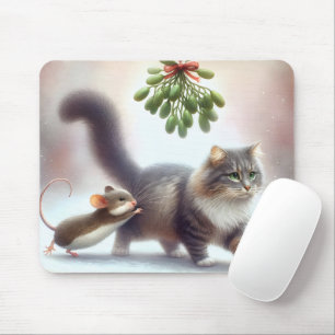 Tabby Cat and Mouse Under a Mistletoe Pad