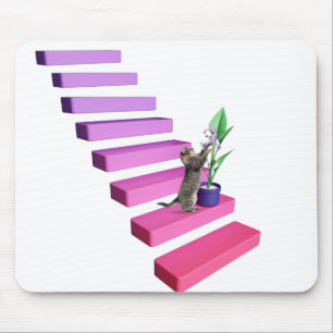 Tabby Cat and Plant On Stairs Mouse Pad