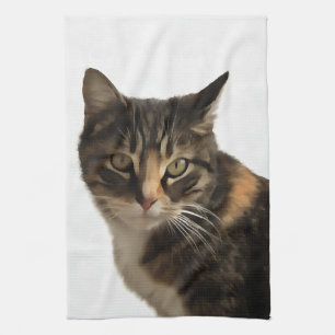 Tabby Cat Artistic Portrait On White Background Tea Towel