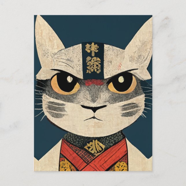 Tabby Cat as Nobunaga Oga in Japanese  Wood Wall A Postcard (Front)