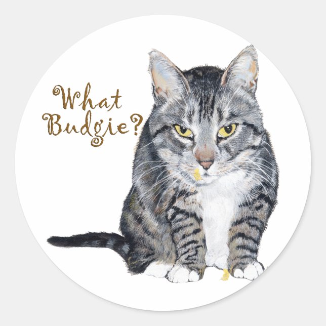 Tabby Cat Asks: What Budgie? Classic Round Sticker (Front)
